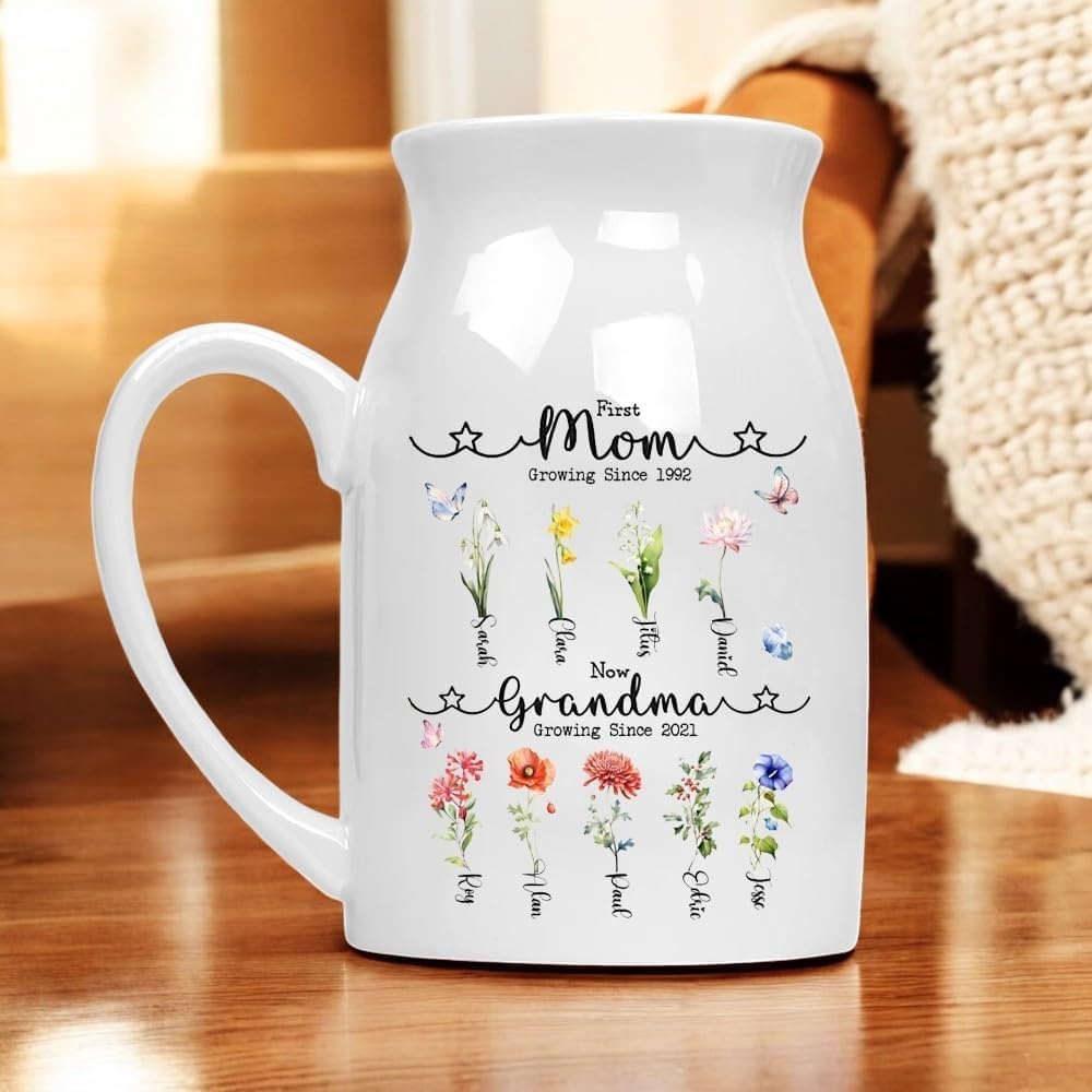 Personalized Grandmas Garden Flower Ceramic Vase, Custom Birth Month Flower Plant Vase,Grandma Gift for Mama, Nana, Mimi, Birthday, Mothers Day