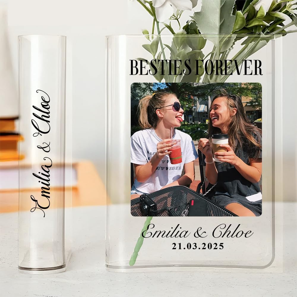 Personalized Acrylic Book Shaped Flower Holder Custom Name & Photo Gift for Bestie Birthday Cute Clear Acrylic Decoration for Friends, Girls, Desk, Dorm or Room Display