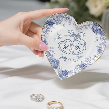 Personalized Mr and Mrs Ring Dish Custom Ceramic Jewelry Tray with Initials & Date, Blue Rose Vintage Wedding Gold Rim Ring Plate, Engagement or Gift for Couples
