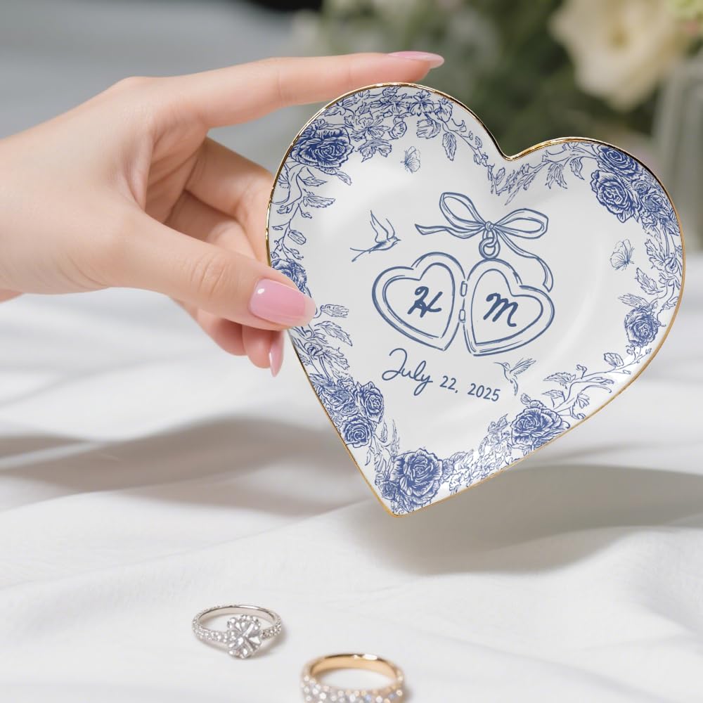 Personalized Mr and Mrs Ring Dish Custom Ceramic Jewelry Tray with Initials & Date, Blue Rose Vintage Wedding Gold Rim Ring Plate, Engagement or Gift for Couples