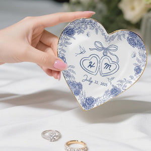 Personalized Mr and Mrs Ring Dish Custom Ceramic Jewelry Tray with Initials & Date, Blue Rose Vintage Wedding Gold Rim Ring Plate, Engagement or Gift for Couples