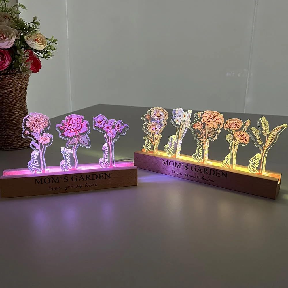 Custom Birth Flower Acrylic LED Light With Children's Names Mom's Garden Night Light Personalized Crystal Flower Display Wooden Base Birth Month Floral Decor Mother's Day Gift for Mom