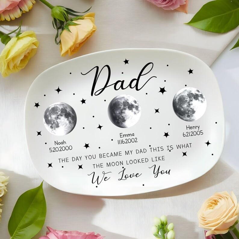 Daddys Grilling Plate Personalized, Moons Phase with Kids Names Platter Plates Fathers Day Gift Serving Tray Decor for Grandpa Dad Birthday Christmas New Year Dad Gifts