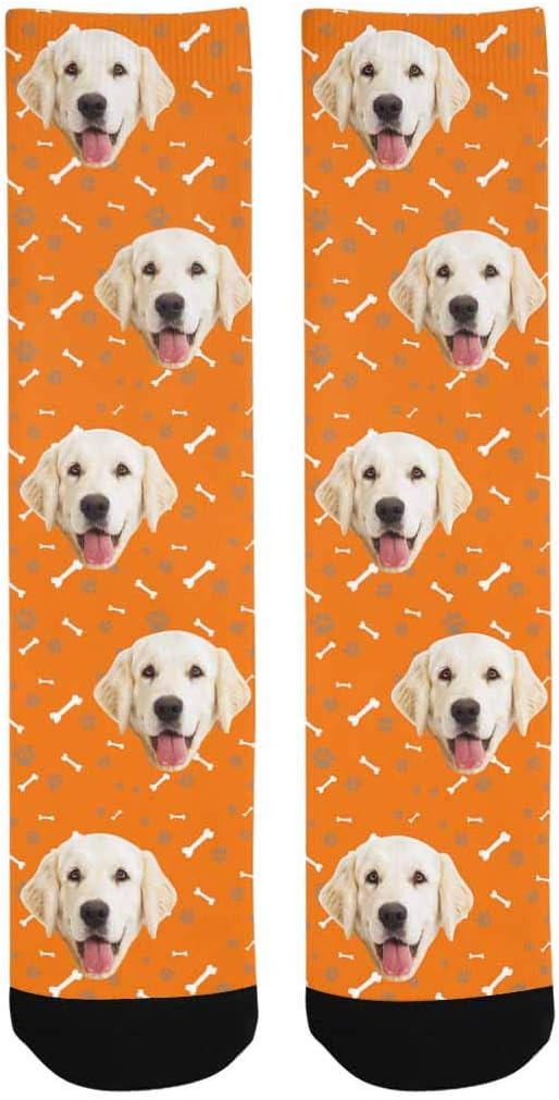 Custom Personalized Photo Pet Face Socks, Cat and Dog Tracks Paws Bones Crew Socks with Picture for Men Women