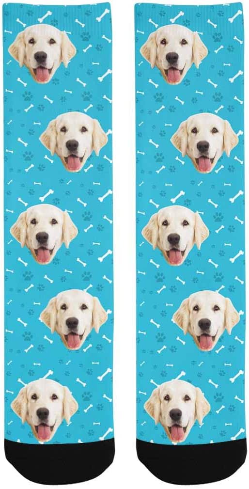 Custom Personalized Photo Pet Face Socks, Cat and Dog Tracks Paws Bones Crew Socks with Picture for Men Women
