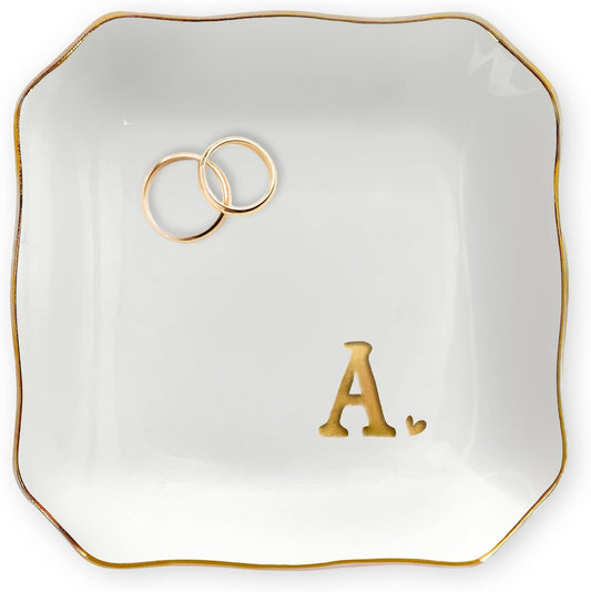 Birthday Gifts for Women - Initials Ceramic Jewelry Dish Tray Letter A - Engagement Wedding Bridal Shower Gifts for Bride, Bridesmaid Gift, Birthday Gift for Her Teacher Friend