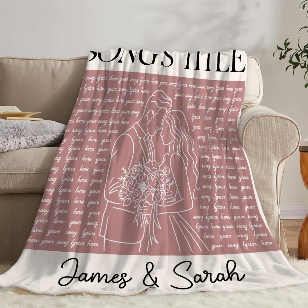 Personalized Song Lyrics Blanket Custom Couple Gift with Names, Favorite Song & Photo Romantic Line Art Style Throw for Him or Her Anniversary or Valentine s Gift for Husband or Wife