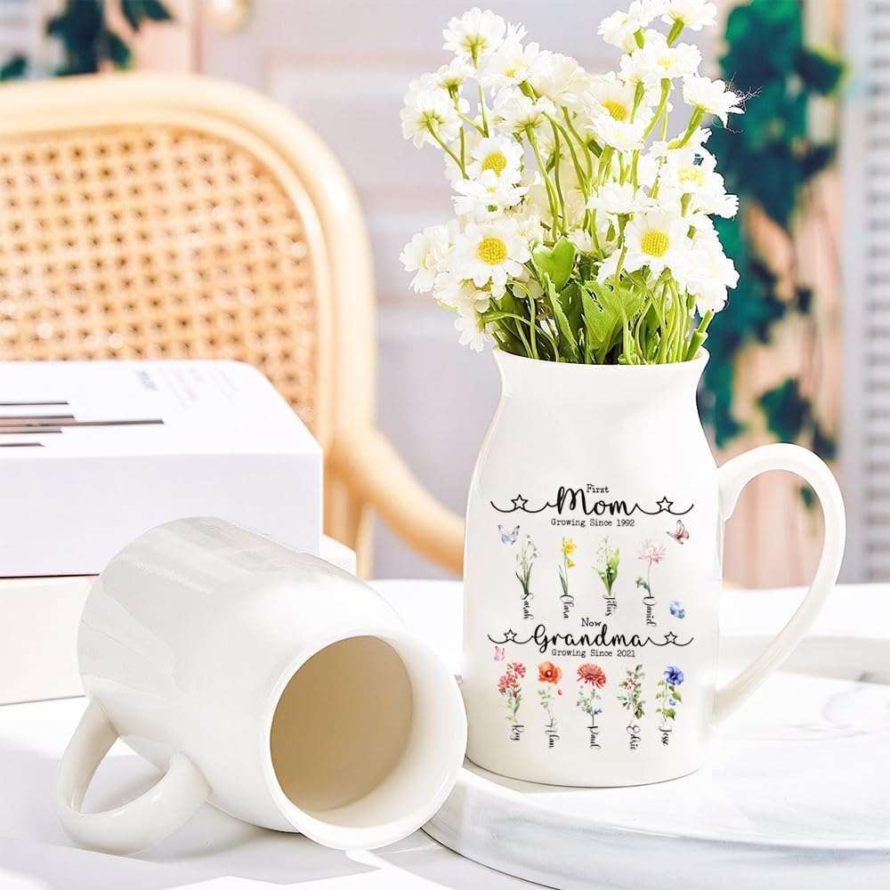 Personalized Grandmas Garden Flower Ceramic Vase, Custom Birth Month Flower Plant Vase,Grandma Gift for Mama, Nana, Mimi, Birthday, Mothers Day