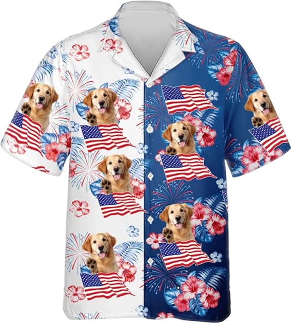 Custom Face Patriotic Short Sleeve Hawaiian Shirt, Personalized Photo Independence Day Hawaiian Shirt, Shirt for Men