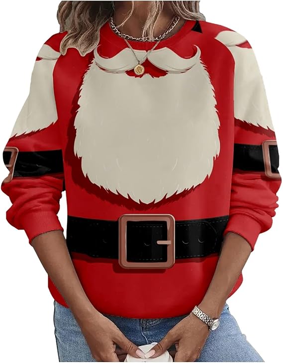 Funny Christmas Shirts for Women Santa Reindeer Graphic Long Sleeve Crewneck Sweatshirts Xmas Ugly Festival Wear