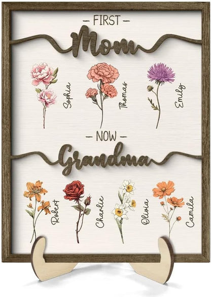 Personalized Birth Month Flower Wood Plaque with Stand, Custom Grandma Gift from Grandkids, Mother's Day, Birthday, Christmas, Family Keepsake, Home D cor Gifts for Gigi Nana GreatGrandma