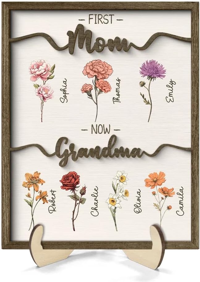 Personalized Birth Month Flower Wood Plaque with Stand, Custom Grandma Gift from Grandkids, Mother's Day, Birthday, Christmas, Family Keepsake, Home D cor Gifts for Gigi Nana GreatGrandma