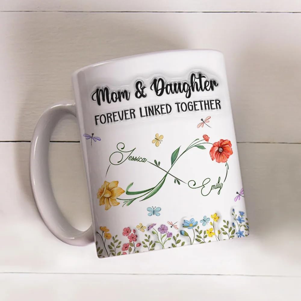 Mothers Day Mug Mom And Daughter Forever Linked Together Coffee Cup Personalized 3d Inflated Effect Printed Mug With Kids Name Gifts For Mom Mama Grandma Nana Gift From Daughter Son
