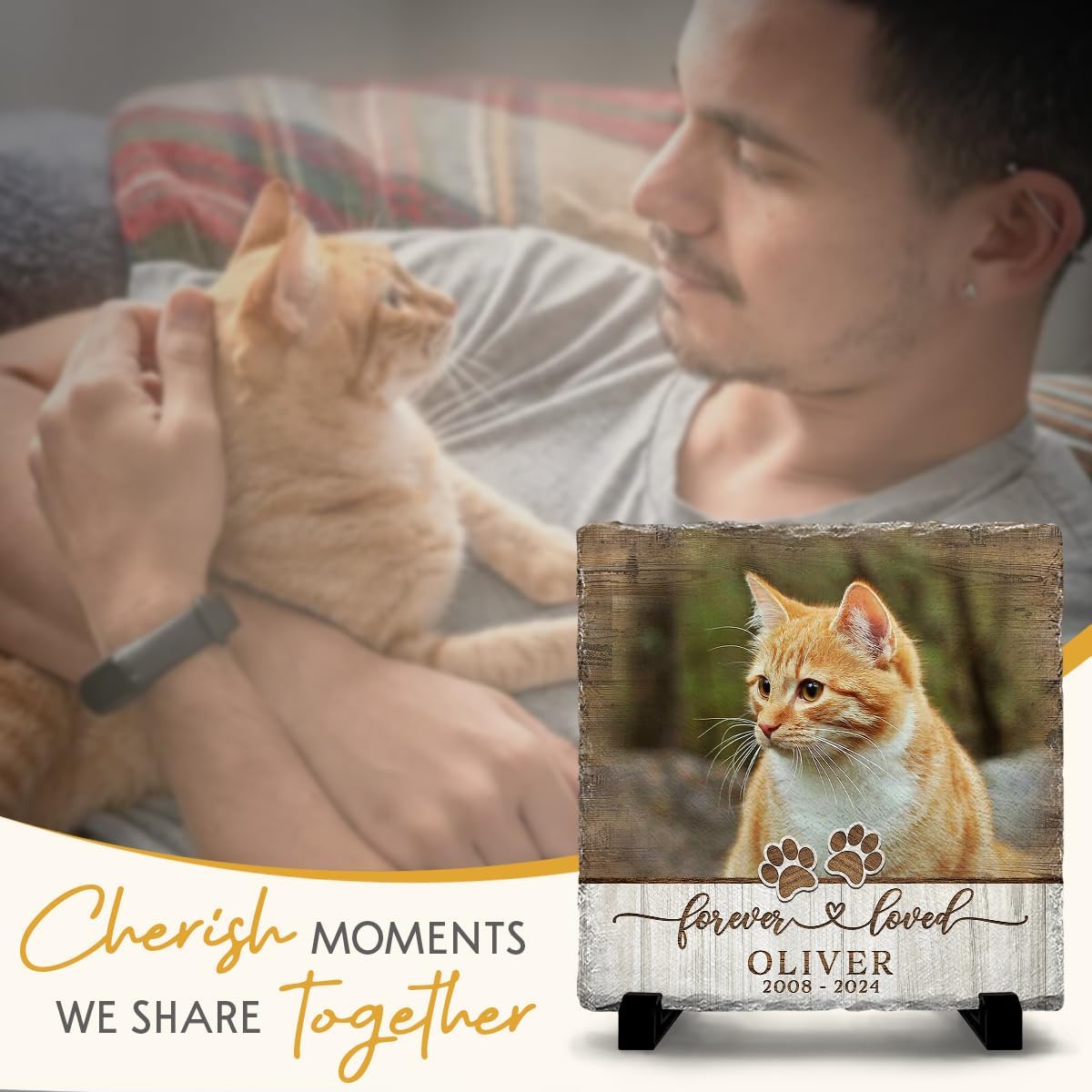 Custom Memorial Stones for Cats - Personalized Cat Memorial Picture Frame - Square Stepping Stones - Cat Loss Sympathy Gifts