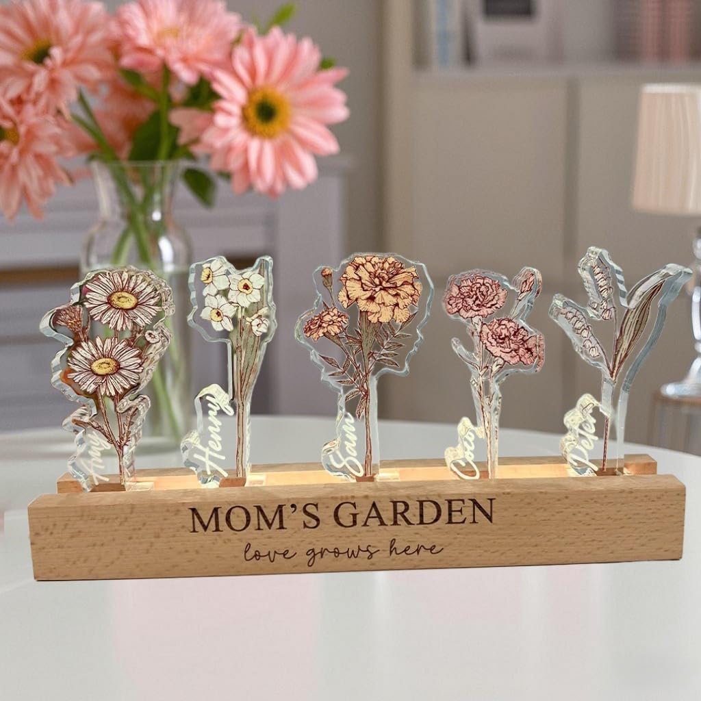 Custom Birth Flower Acrylic LED Light With Children's Names Mom's Garden Night Light Personalized Crystal Flower Display Wooden Base Birth Month Floral Decor Mother's Day Gift for Mom