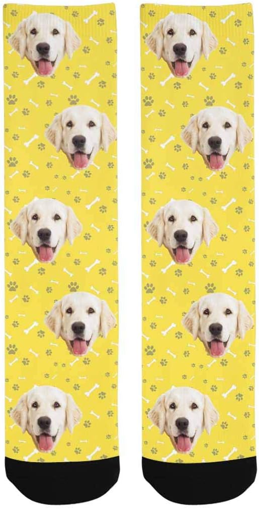 Custom Personalized Photo Pet Face Socks, Cat and Dog Tracks Paws Bones Crew Socks with Picture for Men Women