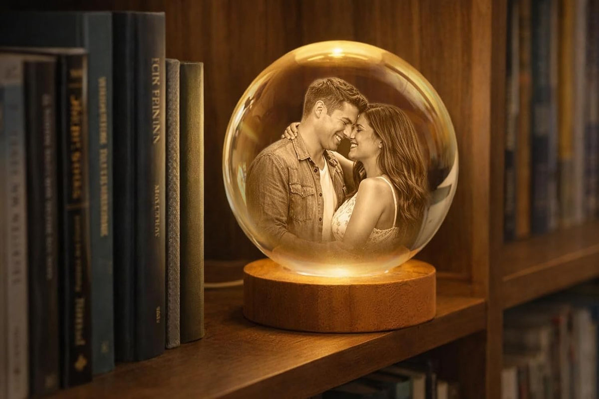 Personalized 3D Photo Crystal Ball, Custom Engraved Picture Lamp with Wood Base, Night Light for Couples, Gifts for Him Her Valentines Day, Anniversary, Personalized Gifts for Husband, Wife