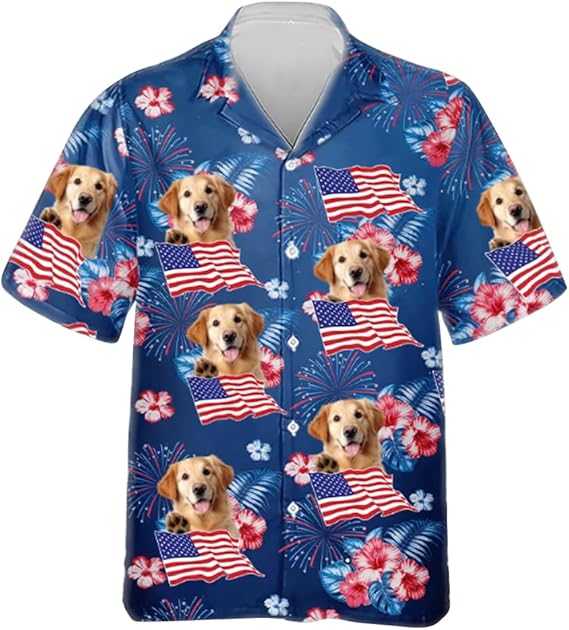 Custom Face Patriotic Short Sleeve Hawaiian Shirt, Personalized Photo Independence Day Hawaiian Shirt, Shirt for Men