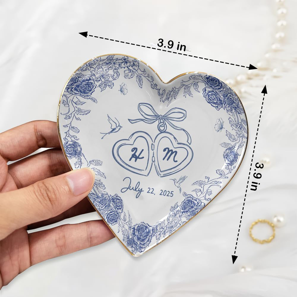 Personalized Mr and Mrs Ring Dish Custom Ceramic Jewelry Tray with Initials & Date, Blue Rose Vintage Wedding Gold Rim Ring Plate, Engagement or Gift for Couples