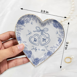 Personalized Mr and Mrs Ring Dish Custom Ceramic Jewelry Tray with Initials & Date, Blue Rose Vintage Wedding Gold Rim Ring Plate, Engagement or Gift for Couples