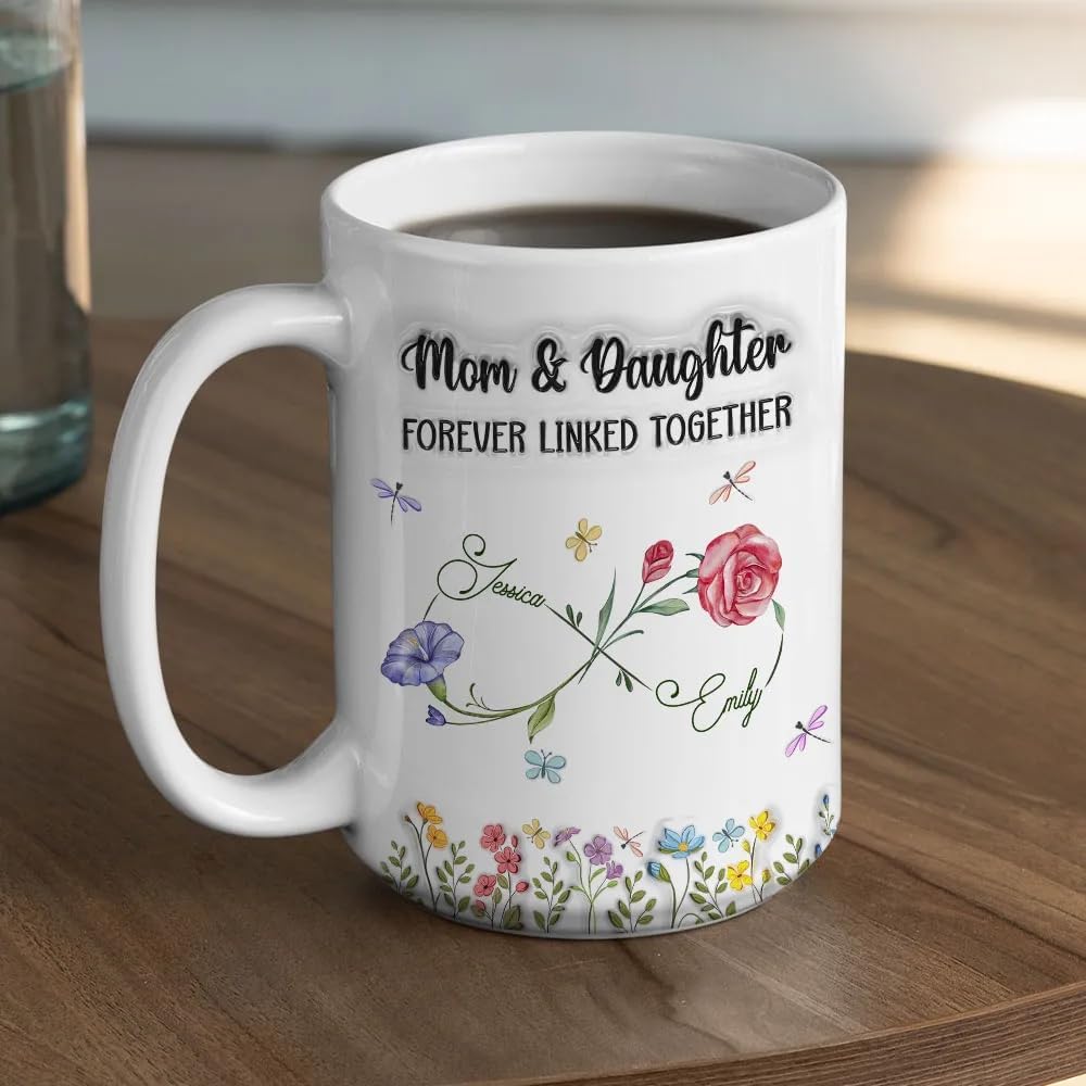 Mothers Day Mug Mom And Daughter Forever Linked Together Coffee Cup Personalized 3d Inflated Effect Printed Mug With Kids Name Gifts For Mom Mama Grandma Nana Gift From Daughter Son
