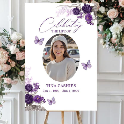 Personalized Funeral Welcome Signs, Celebrating The Life Of Signs, Custom Memorial Signs with Image, Forever In Our Hearts Signs, Flower Butterfly Purple Yard Signs, Memory Signs For Funeral