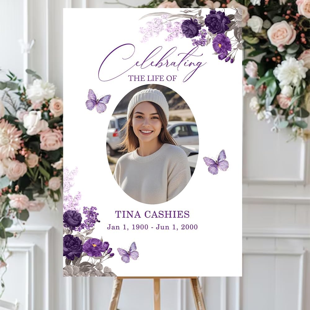 Personalized Funeral Welcome Signs, Celebrating The Life Of Signs, Custom Memorial Signs with Image, Forever In Our Hearts Signs, Flower Butterfly Purple Yard Signs, Memory Signs For Funeral
