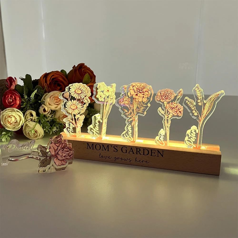 Custom Birth Flower Acrylic LED Light With Children's Names Mom's Garden Night Light Personalized Crystal Flower Display Wooden Base Birth Month Floral Decor Mother's Day Gift for Mom