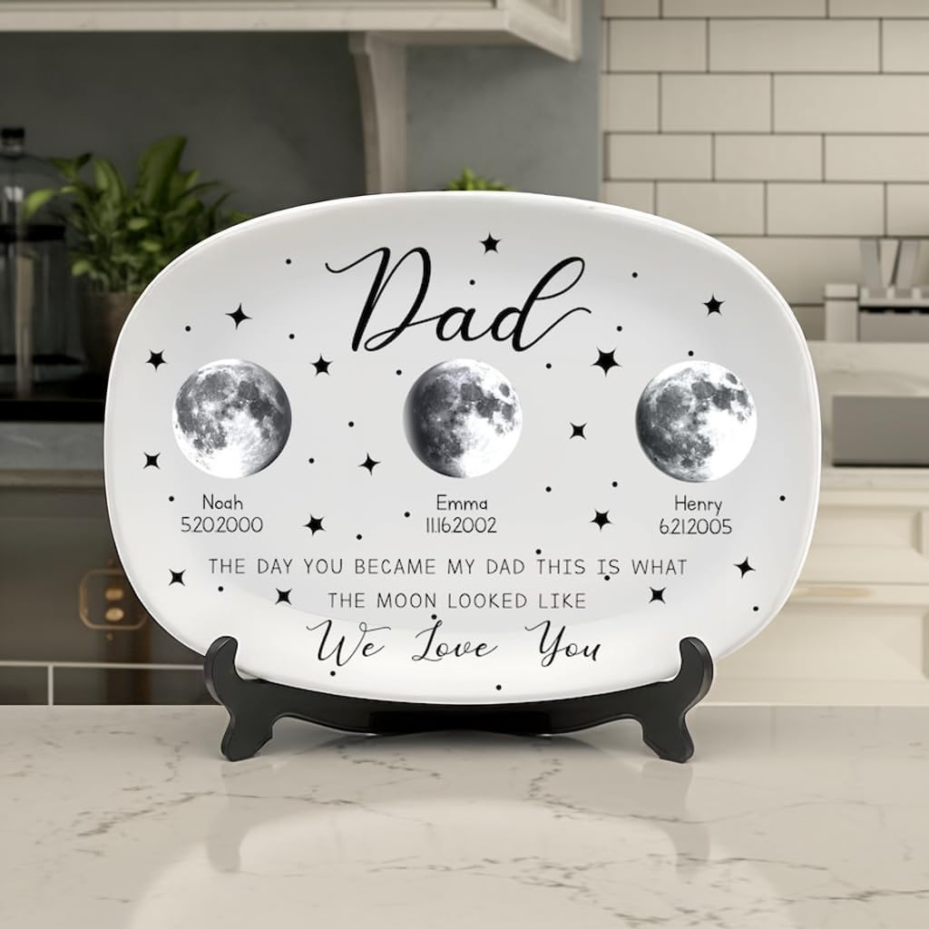 Daddys Grilling Plate Personalized, Moons Phase with Kids Names Platter Plates Fathers Day Gift Serving Tray Decor for Grandpa Dad Birthday Christmas New Year Dad Gifts