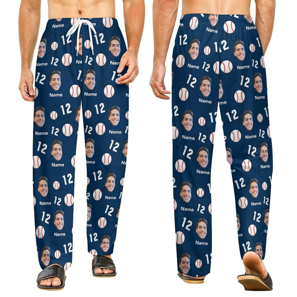 Custom Baseball Pajamas Pants for Men, Personalized Face Photo Pajama Bottoms, Gifts for Baseball Lover Players Coach
