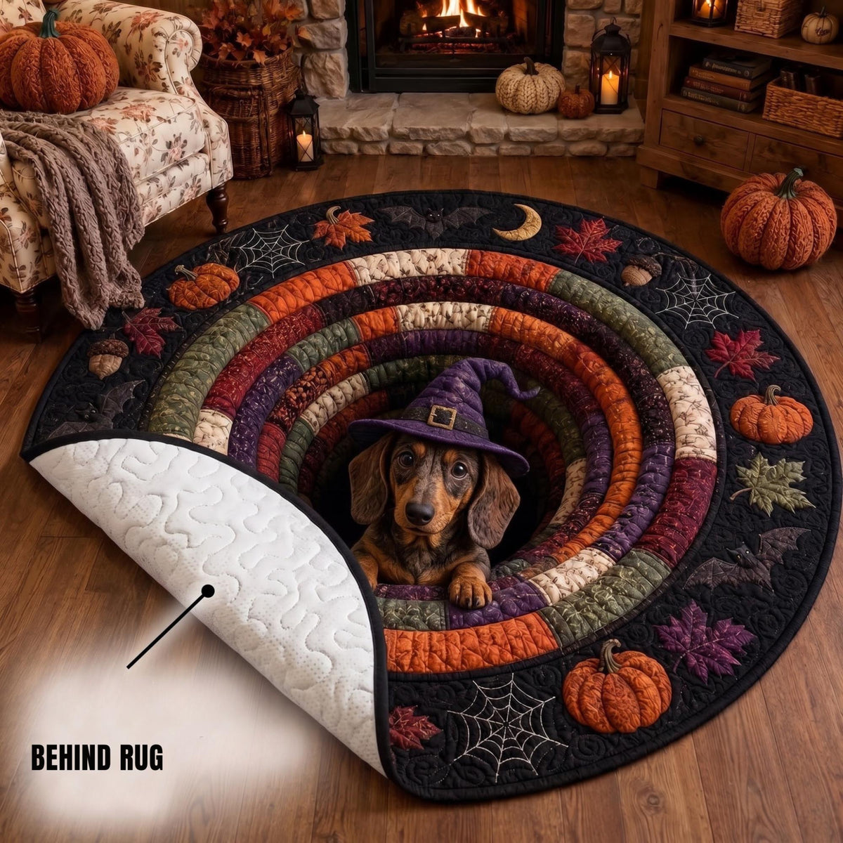 3D Dachshund Halloween Round Rug, Cute Witch Dog Optical Illusion Carpet, Spooky Fall Quilted Floor Mat, Wiener Dog Halloween Decor Gift 61d182a0-1500-4cce-a392-921464b801fb-3.jpg