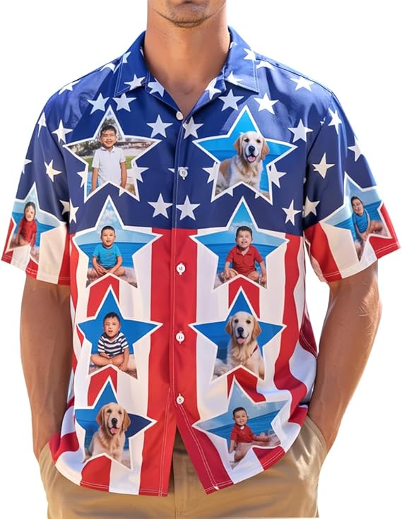 Custom Face Patriotic Short Sleeve Hawaiian Shirt, Personalized Photo Independence Day Hawaiian Shirt, Shirt for Men