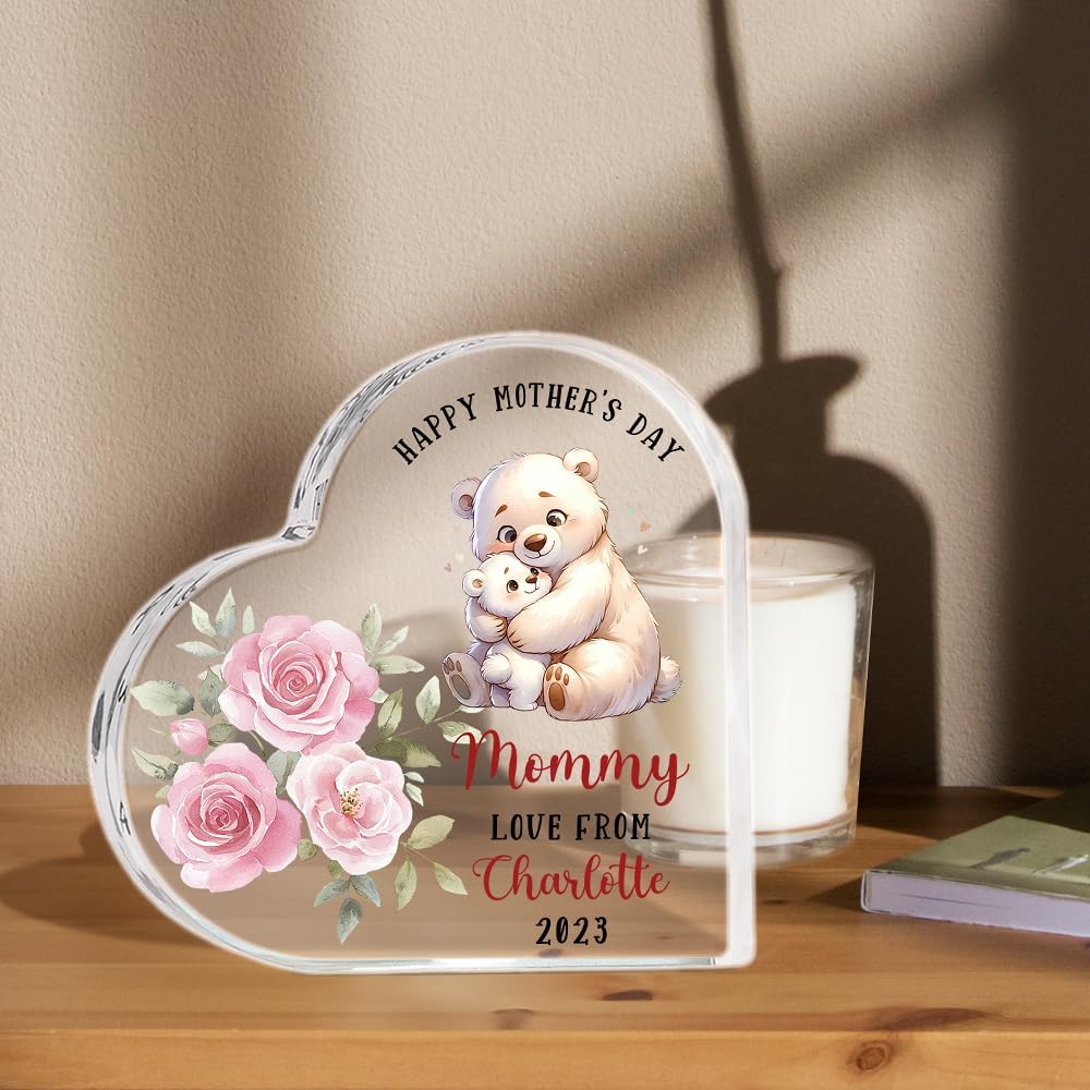 Personalized Heart Shape Acrylic Plaque | Custom Mom & Kid Names Cute Animal Design Desk Decor | 1st Mother's Day Birthday Gift