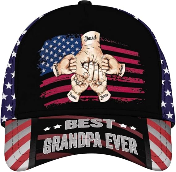 Personalized Grandpa, Papa, Daddy Hands Print Cap, Best Papa Ever Hat for Men,Cap Gift for Father Day, Independence Day
