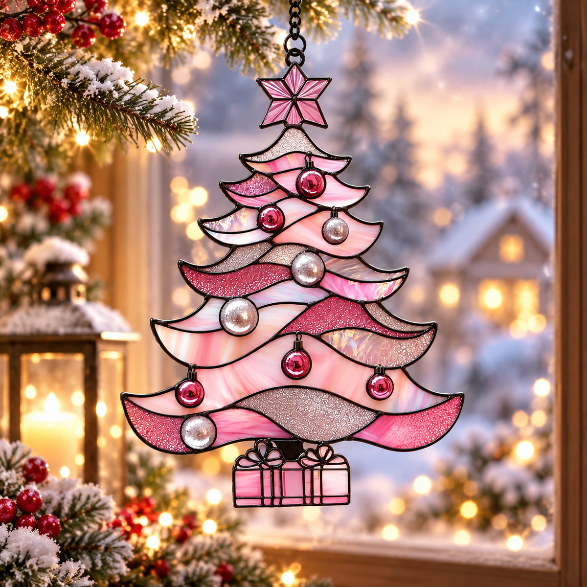 Rose Pink Christmas Tree Acrylic Suncatcher, 2D Faux Stained Glass Ornament, Sparkle Holiday Window Hanging Decor 61db771e-fe8c-400b-acef-570fa5fc2da3-merr.png