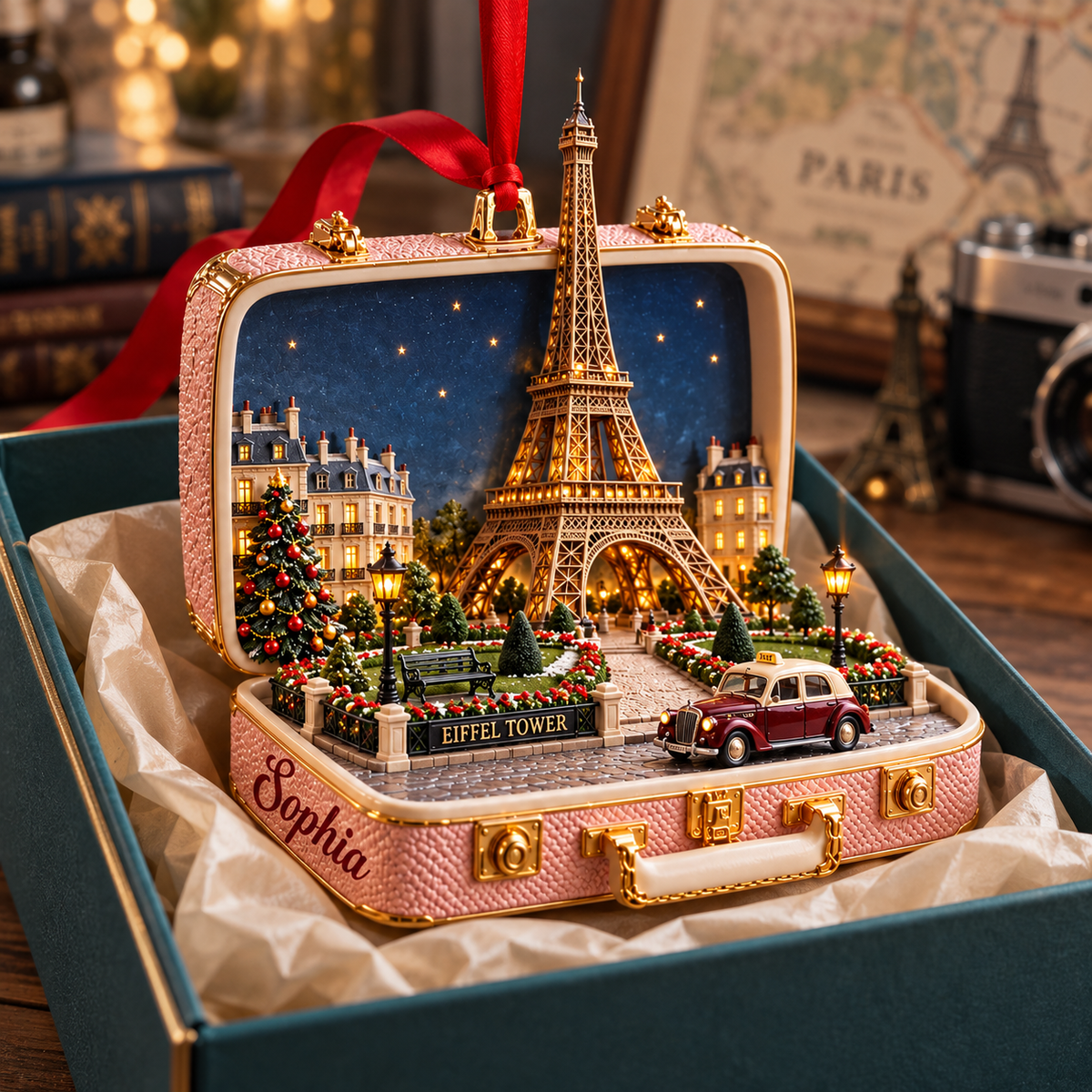 Personalized Eiffel Tower 3D Suitcase Christmas Ornament – Paris Travel Souvenir & Gift for Paris Lovers 61e61a26-95ea-452e-86c4-1a109d2c5db1-Blush-Eiffel-Ornament-in-Teal-Gift-Box-2.png