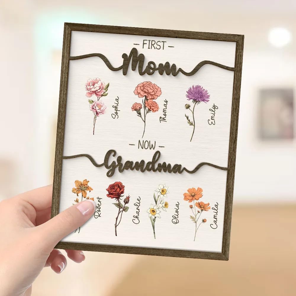 Personalized Birth Month Flower Wood Plaque with Stand, Custom Grandma Gift from Grandkids, Mother's Day, Birthday, Christmas, Family Keepsake, Home D cor Gifts for Gigi Nana GreatGrandma