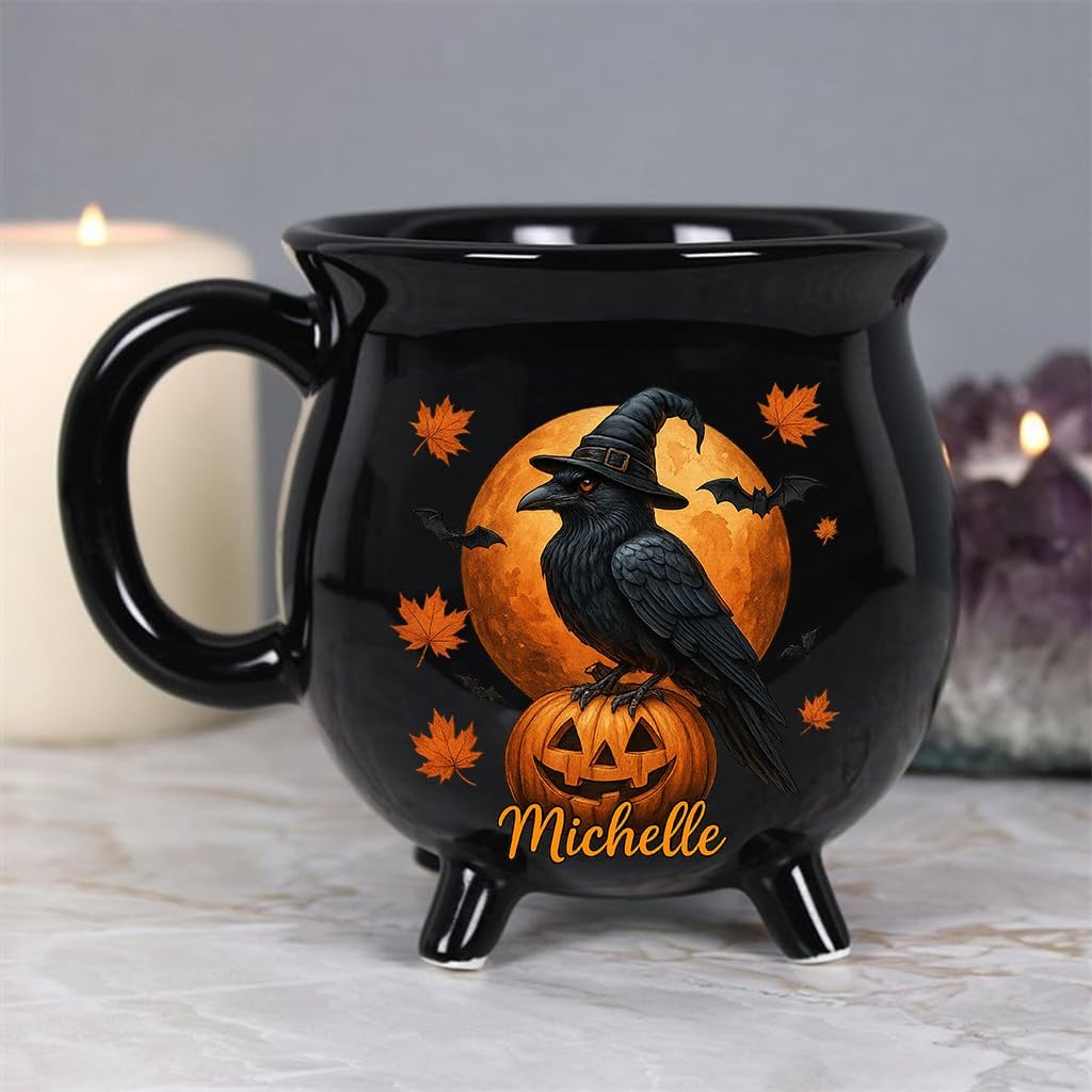 Personalized Raven Crow Witch Cauldron Mug, Personalized Birthday Gifts For Besties, Sisters, BFF, Family, Yourself, Witching You a Wicked Brew, Halloween Tea Cups Woman Wiccan Gifts, Witch Mug