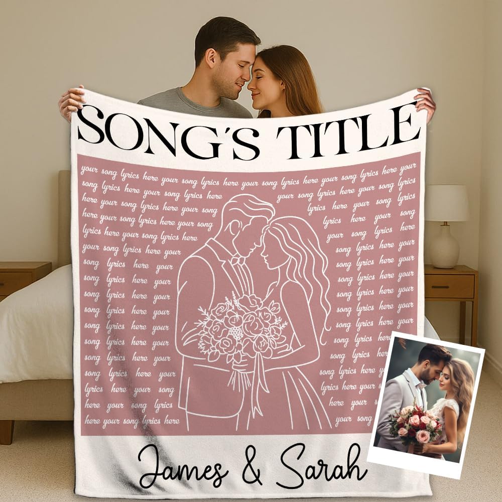 Personalized Song Lyrics Blanket Custom Couple Gift with Names, Favorite Song & Photo Romantic Line Art Style Throw for Him or Her Anniversary or Valentine s Gift for Husband or Wife