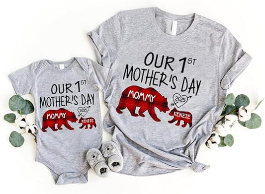 Mama Bear Plaid Pattern Personalized Our First Mothers Day Matching Shirts, Mom Baby Matching Outfits Mothers Day 2025