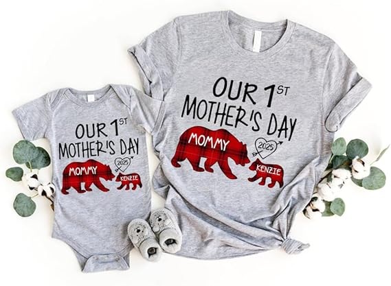 Mama Bear Plaid Pattern Personalized Our First Mothers Day Matching Shirts, Mom Baby Matching Outfits Mothers Day 2025