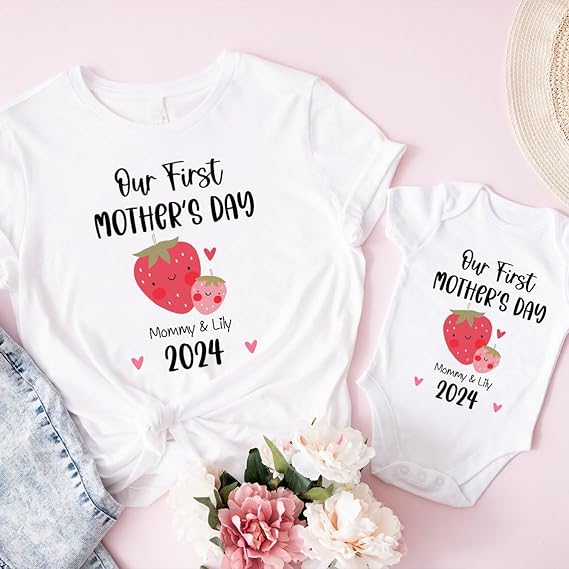 Personalized Our First Mothers Day Matching Shirts, Mom Baby Matching Outfits Mothers Day 2025 Strawberry shirt