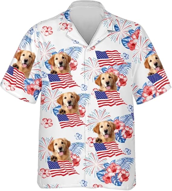 Custom Face Patriotic Short Sleeve Hawaiian Shirt, Personalized Photo Independence Day Hawaiian Shirt, Shirt for Men