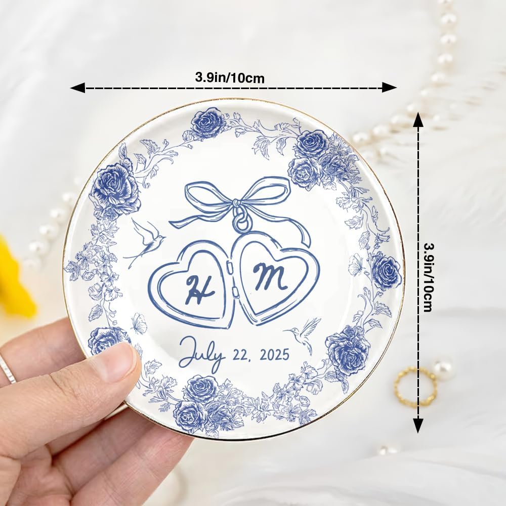 Personalized Mr and Mrs Ring Dish Custom Ceramic Jewelry Tray with Initials & Date, Blue Rose Vintage Wedding Gold Rim Ring Plate, Engagement or Gift for Couples