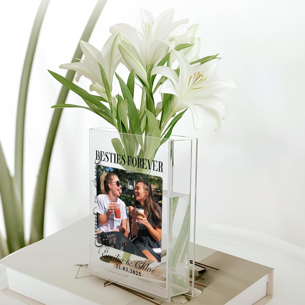 Personalized Acrylic Book Shaped Flower Holder Custom Name & Photo Gift for Bestie Birthday Cute Clear Acrylic Decoration for Friends, Girls, Desk, Dorm or Room Display