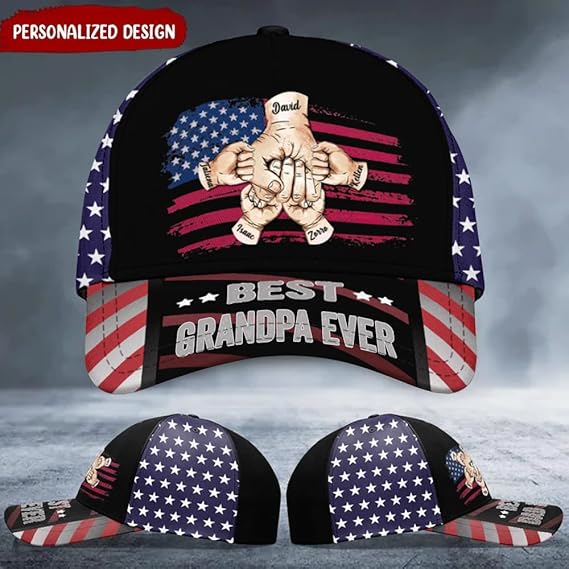 Personalized Grandpa, Papa, Daddy Hands Print Cap, Best Papa Ever Hat for Men,Cap Gift for Father Day, Independence Day