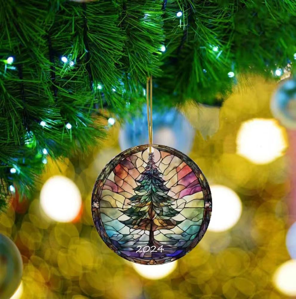 Christmas Ornaments 2025, Stained Glass Style, Round Fun Acrylic Decoration Gifts