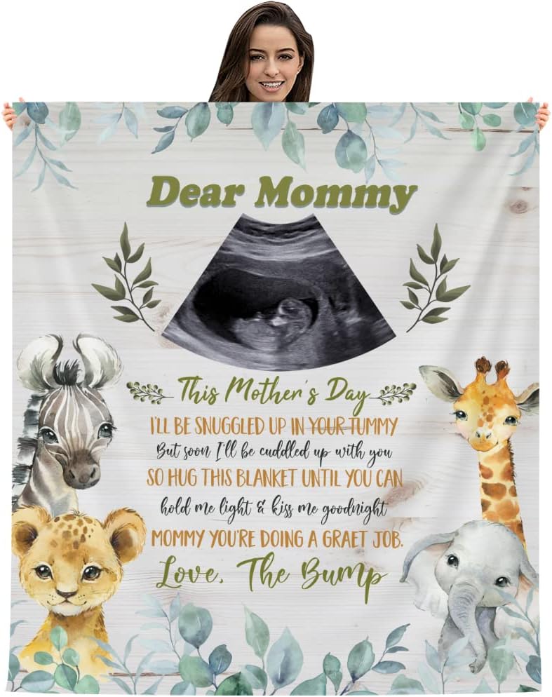 Personalized Ultrasound Photo Baby Blanket, Mommy Safari Animals, Mothers Day Birthday Gifts for Mom, Mother, First Time Mom, Unique Gift for Wife from Husband, Custom Sonogram Picture