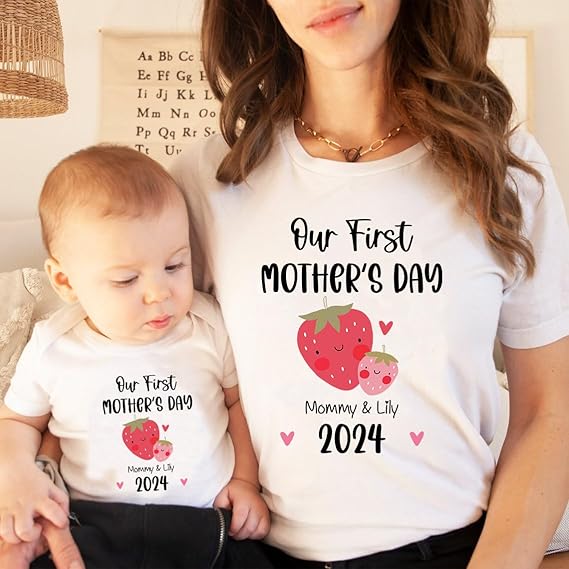 Personalized Our First Mothers Day Matching Shirts, Mom Baby Matching Outfits Mothers Day 2025 Strawberry shirt