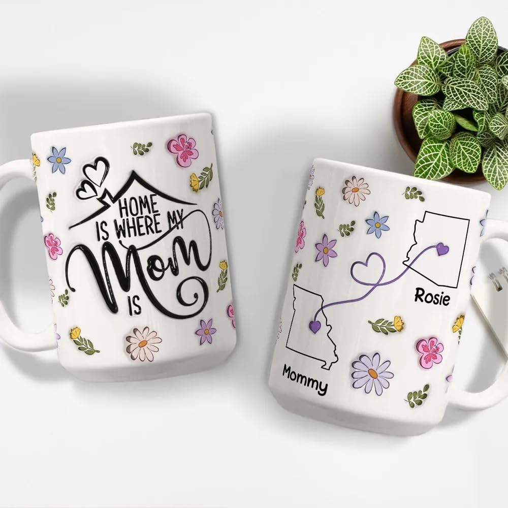 Personalized My Mom Is My Home Mug Custom 3D Inflated Effect Mug With Kids Name Gifts For Mom Mama Grandma Nana Gift From Daughter Son Mothers Day Gifts Long Distance Gift